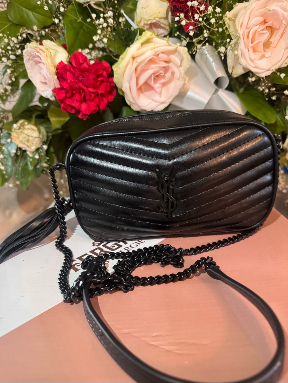 Saint Laurent Black Quilted Chevron Leather Crossbody with Tassel Charm